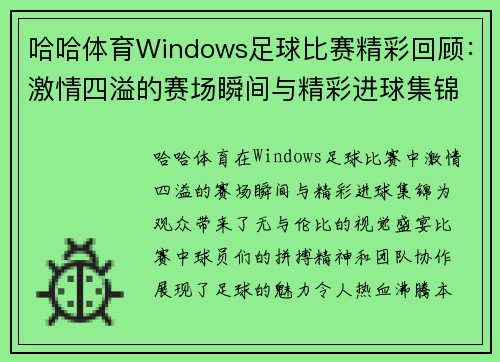 哈哈体育Windows足球比赛精彩回顾：激情四溢的赛场瞬间与精彩进球集锦