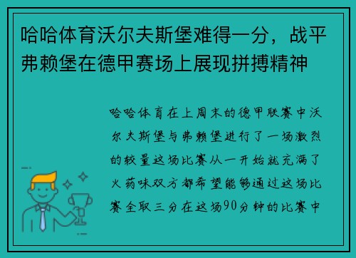 哈哈体育沃尔夫斯堡难得一分，战平弗赖堡在德甲赛场上展现拼搏精神