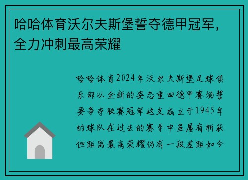 哈哈体育沃尔夫斯堡誓夺德甲冠军，全力冲刺最高荣耀