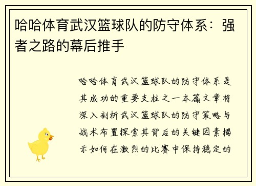 哈哈体育武汉篮球队的防守体系：强者之路的幕后推手