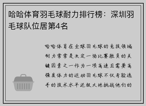 哈哈体育羽毛球耐力排行榜：深圳羽毛球队位居第4名