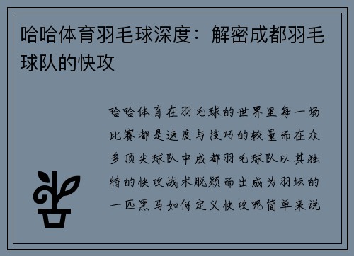 哈哈体育羽毛球深度：解密成都羽毛球队的快攻
