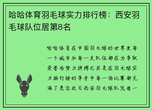 哈哈体育羽毛球实力排行榜：西安羽毛球队位居第8名