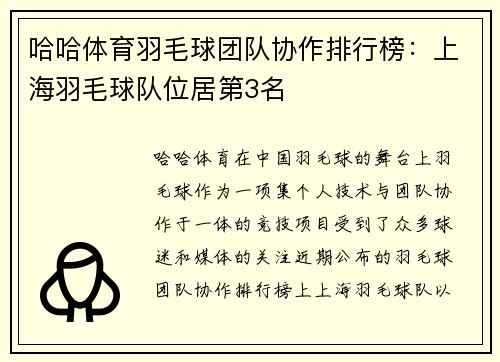 哈哈体育羽毛球团队协作排行榜：上海羽毛球队位居第3名
