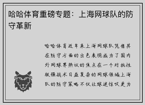 哈哈体育重磅专题：上海网球队的防守革新