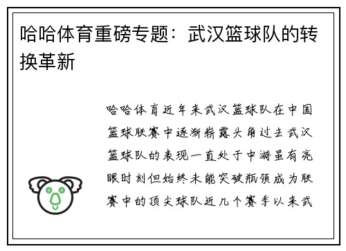 哈哈体育重磅专题：武汉篮球队的转换革新