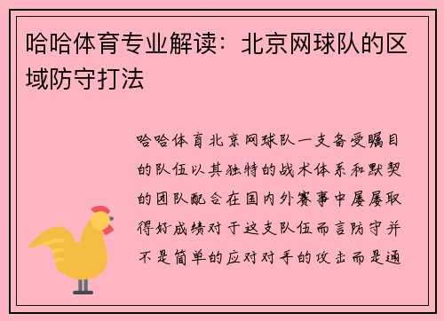 哈哈体育专业解读：北京网球队的区域防守打法