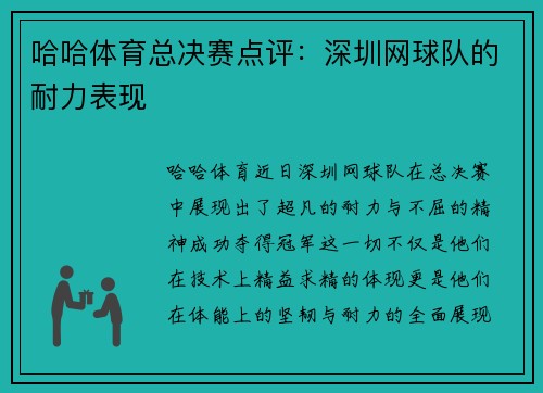 哈哈体育总决赛点评：深圳网球队的耐力表现