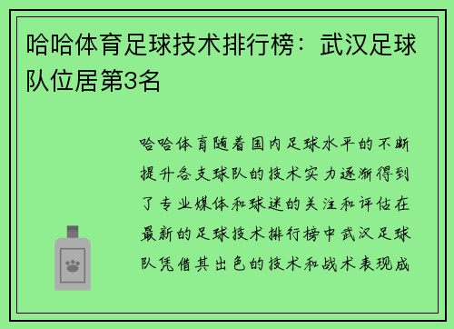 哈哈体育足球技术排行榜：武汉足球队位居第3名