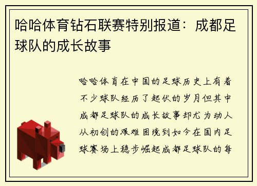 哈哈体育钻石联赛特别报道：成都足球队的成长故事