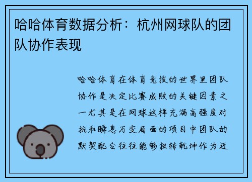 哈哈体育数据分析：杭州网球队的团队协作表现