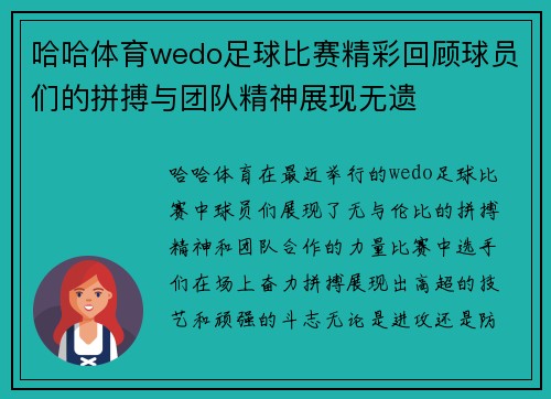 哈哈体育wedo足球比赛精彩回顾球员们的拼搏与团队精神展现无遗